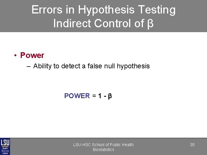 Errors in Hypothesis Testing Indirect Control of β • Power – Ability to detect Errors in Hypothesis Testing Indirect Control of β • Power – Ability to detect