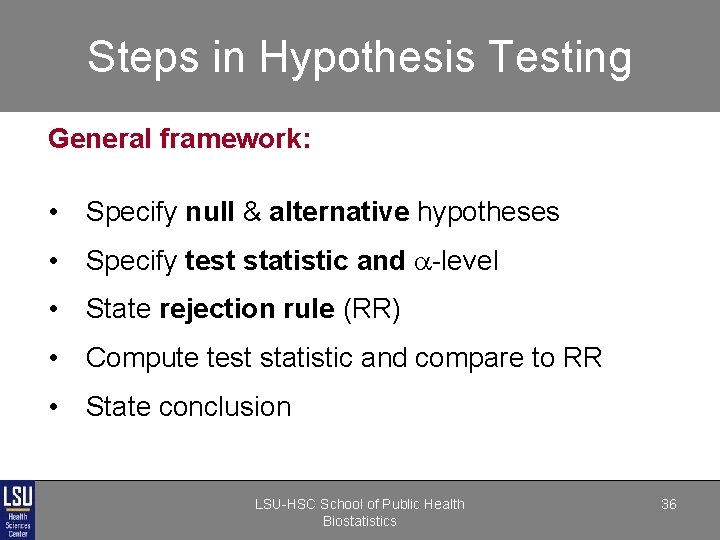 Steps in Hypothesis Testing General framework: • Specify null & alternative hypotheses • Specify Steps in Hypothesis Testing General framework: • Specify null & alternative hypotheses • Specify