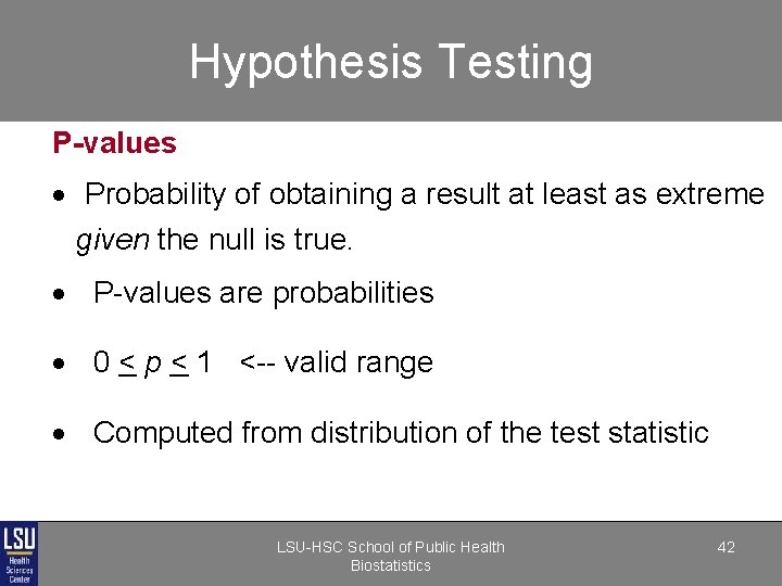 Hypothesis Testing P-values · Probability of obtaining a result at least as extreme given Hypothesis Testing P-values · Probability of obtaining a result at least as extreme given