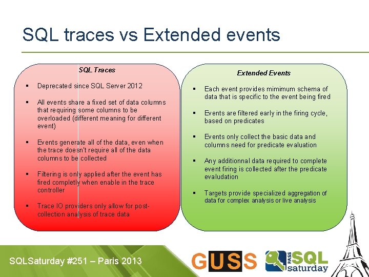 SQL traces vs Extended events SQL Traces Extended Events § Deprecated since SQL Server