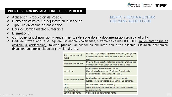 PUENTES PARA INSTALACIONES DE SUPERFICIE ü ü ü Aplicación: Producción de Pozos. MONTO Y