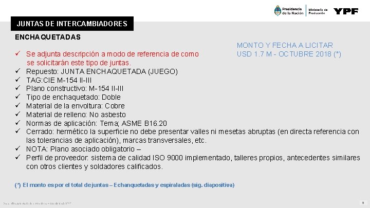 JUNTAS DE INTERCAMBIADORES ENCHAQUETADAS MONTO Y FECHA A LICITAR USD 1. 7 M -
