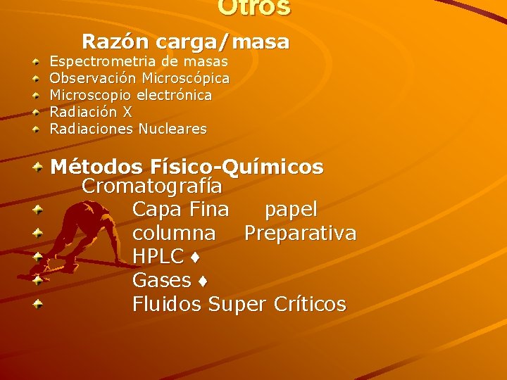 Otros Razón carga/masa Espectrometria de masas Observación Microscópica Microscopio electrónica Radiación X Radiaciones Nucleares Otros Razón carga/masa Espectrometria de masas Observación Microscópica Microscopio electrónica Radiación X Radiaciones Nucleares