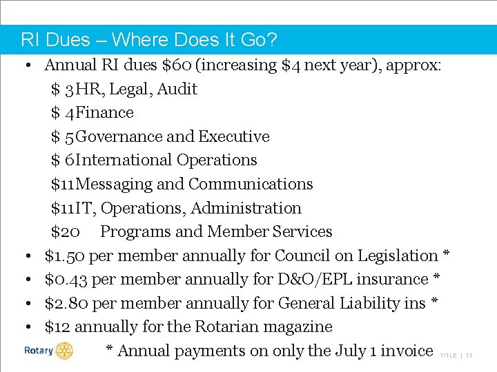 RI Dues – Where Does It Go? • Annual RI dues $60 (increasing $4