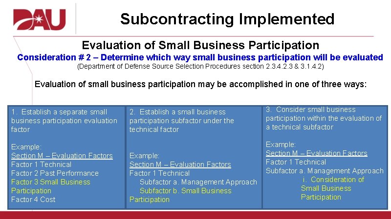 Subcontracting Implemented Evaluation of Small Business Participation Consideration # 2 – Determine which way