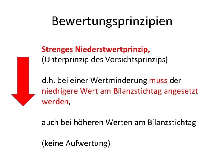 Bewertungsprinzipien Strenges Niederstwertprinzip, (Unterprinzip des Vorsichtsprinzips) d. h. bei einer Wertminderung muss der niedrigere