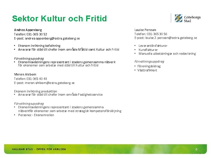 Sektor Kultur och Fritid Andrea Appenborg Telefon: 031 -365 30 52 E-post: andrea. appenborg@ostra.