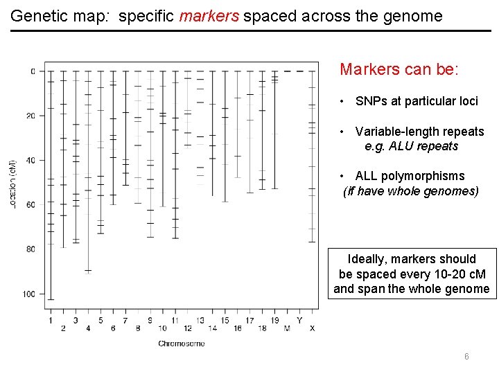 Genetic map: specific markers spaced across the genome Markers can be: • SNPs at