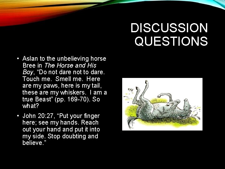 DISCUSSION QUESTIONS • Aslan to the unbelieving horse Bree in The Horse and His