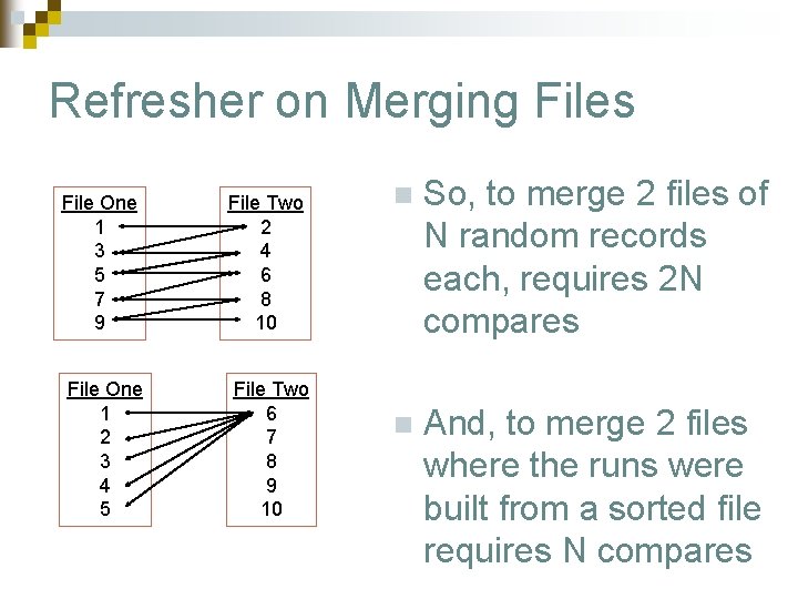 Refresher on Merging Files File One 1 3 5 7 9 File Two 2