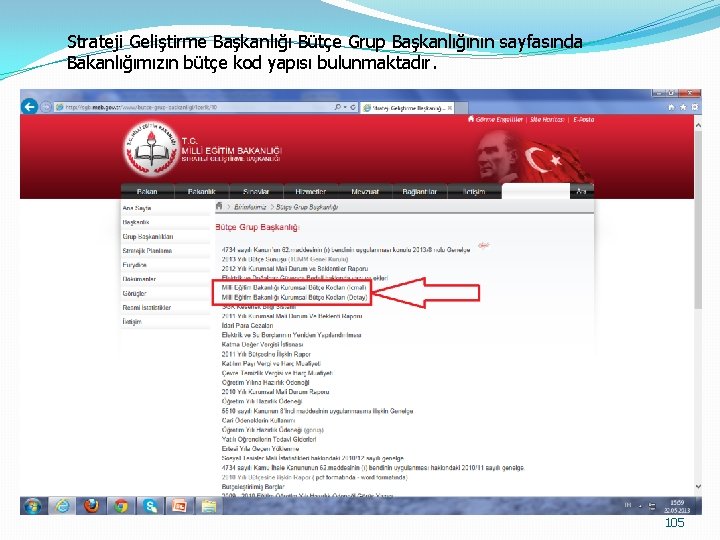 Strateji Geliştirme Başkanlığı Bütçe Grup Başkanlığının sayfasında Bakanlığımızın bütçe kod yapısı bulunmaktadır. 105 