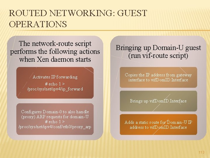 ROUTED NETWORKING: GUEST OPERATIONS The network-route script performs the following actions when Xen daemon