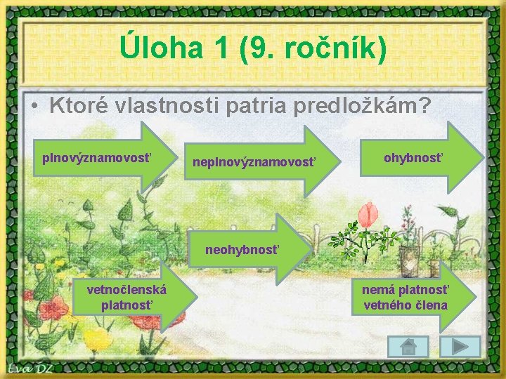 Úloha 1 (9. ročník) • Ktoré vlastnosti patria predložkám? plnovýznamovosť neplnovýznamovosť ohybnosť neohybnosť vetnočlenská