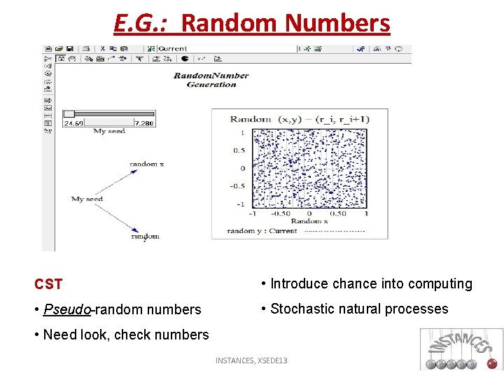 E. G. : Random Numbers CST • Introduce chance into computing • Pseudo-random numbers