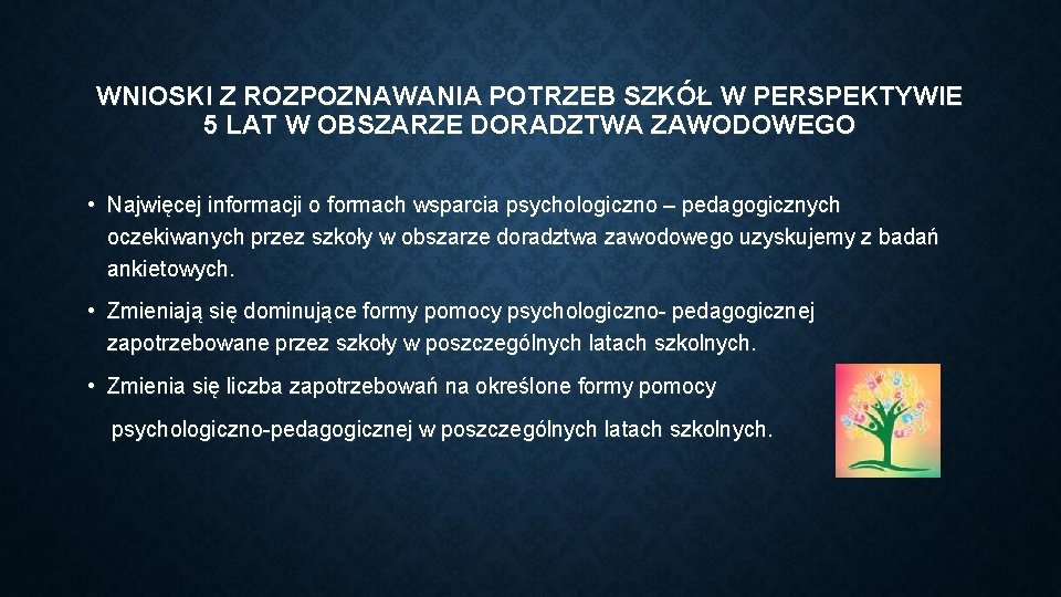 WNIOSKI Z ROZPOZNAWANIA POTRZEB SZKÓŁ W PERSPEKTYWIE 5 LAT W OBSZARZE DORADZTWA ZAWODOWEGO •