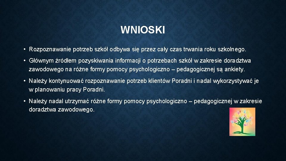 WNIOSKI • Rozpoznawanie potrzeb szkół odbywa się przez cały czas trwania roku szkolnego. •