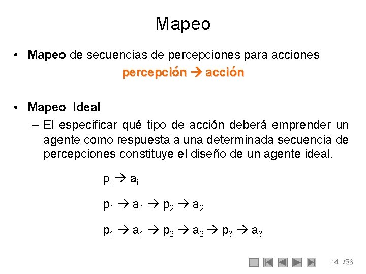 Mapeo • Mapeo de secuencias de percepciones para acciones percepción acción • Mapeo Ideal Mapeo • Mapeo de secuencias de percepciones para acciones percepción acción • Mapeo Ideal