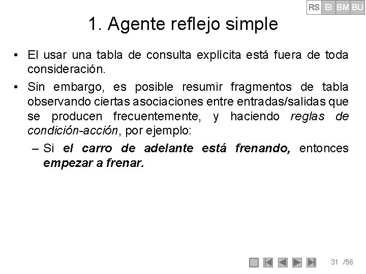 RS EI BM BU 1. Agente reflejo simple • El usar una tabla de RS EI BM BU 1. Agente reflejo simple • El usar una tabla de