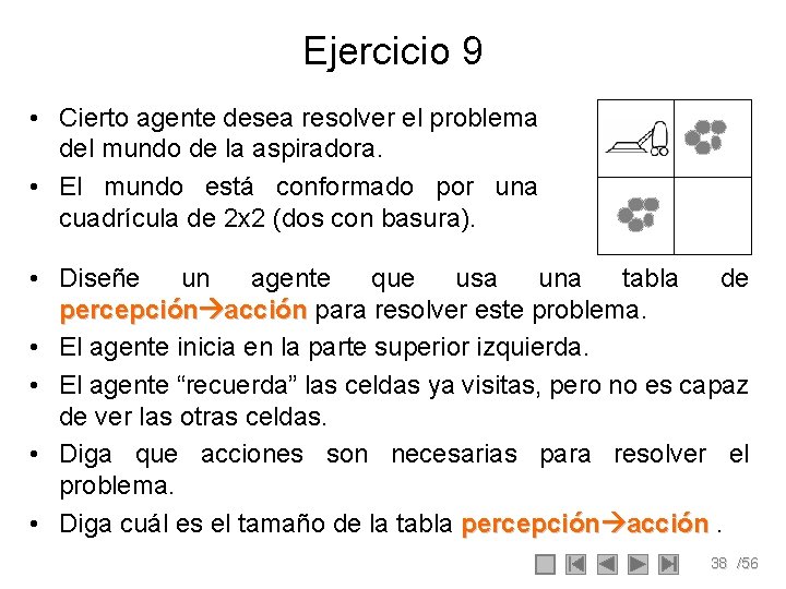 Ejercicio 9 • Cierto agente desea resolver el problema del mundo de la aspiradora. Ejercicio 9 • Cierto agente desea resolver el problema del mundo de la aspiradora.