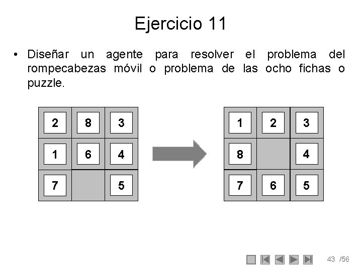 Ejercicio 11 • Diseñar un agente para resolver el problema del rompecabezas móvil o Ejercicio 11 • Diseñar un agente para resolver el problema del rompecabezas móvil o