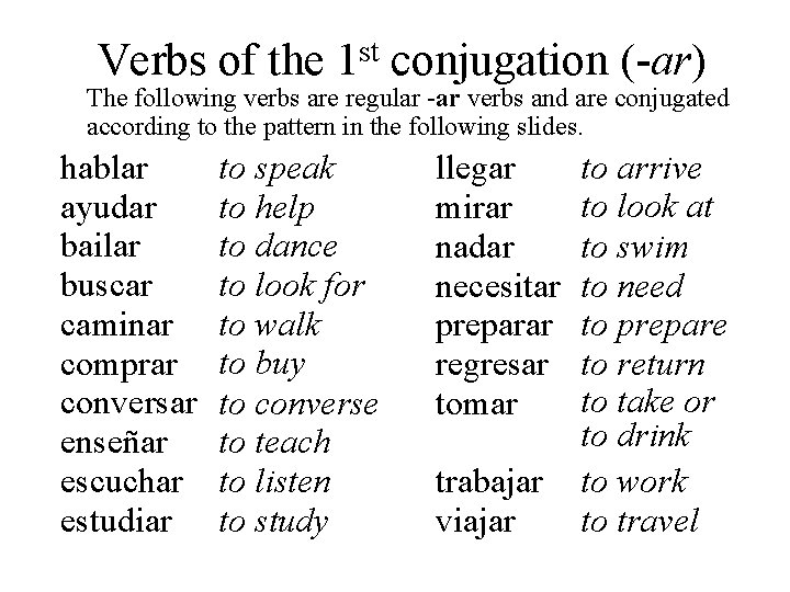 Verbs of the st 1 conjugation (-ar) The following verbs are regular -ar verbs Verbs of the st 1 conjugation (-ar) The following verbs are regular -ar verbs