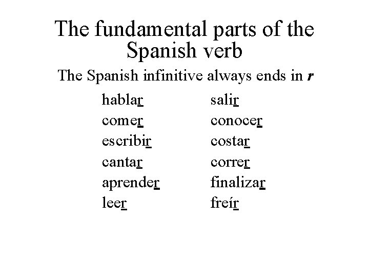 The fundamental parts of the Spanish verb The Spanish infinitive always ends in r The fundamental parts of the Spanish verb The Spanish infinitive always ends in r