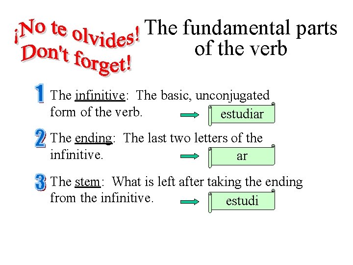 The fundamental parts of the verb The infinitive: The basic, unconjugated form of the The fundamental parts of the verb The infinitive: The basic, unconjugated form of the