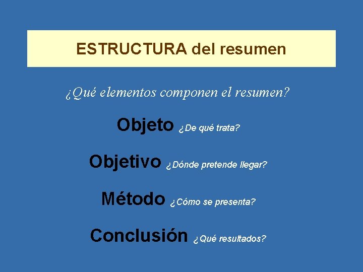 ESTRUCTURA del resumen ¿Qué elementos componen el resumen? Objeto ¿De qué trata? Objetivo ¿Dónde