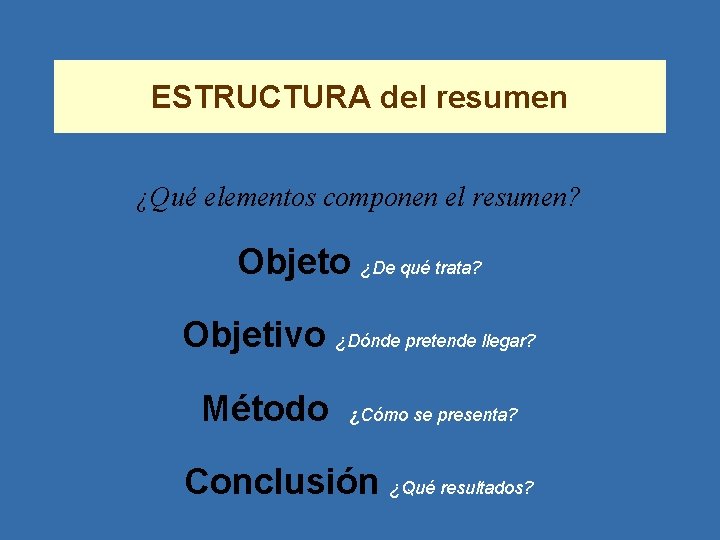 ESTRUCTURA del resumen ¿Qué elementos componen el resumen? Objeto ¿De qué trata? Objetivo ¿Dónde