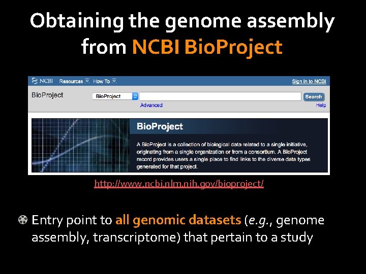 Obtaining the genome assembly from NCBI Bio. Project http: //www. ncbi. nlm. nih. gov/bioproject/