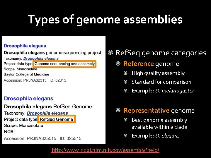 Types of genome assemblies Ref. Seq genome categories Reference genome High quality assembly Standard