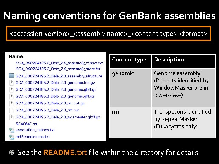 Naming conventions for Gen. Bank assemblies <accession. version>_<assembly name>_<content type>. <format> Content type Description