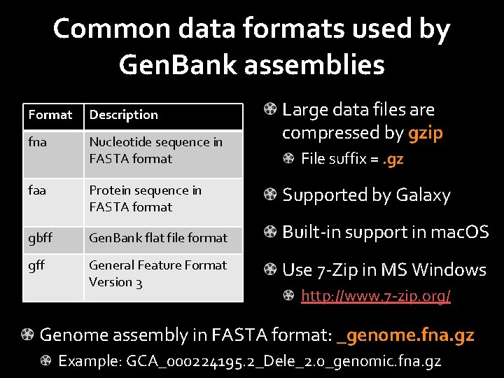Common data formats used by Gen. Bank assemblies Large data files are compressed by