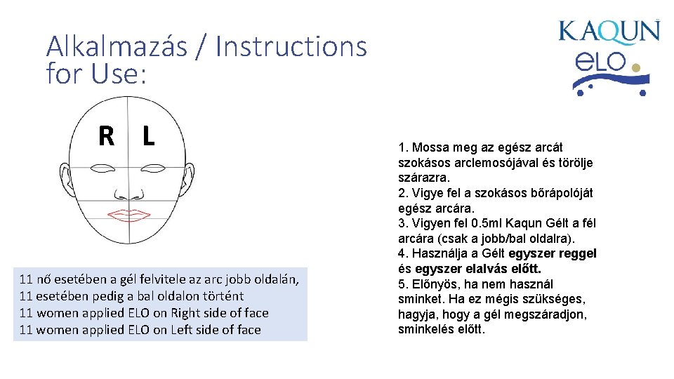 Alkalmazás / Instructions for Use: R L 11 nő esetében a gél felvitele az