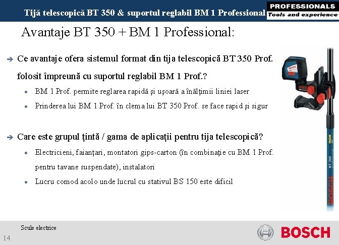 Tijă telescopică BT 350 & suportul reglabil BM 1 Professional Avantaje BT 350 +