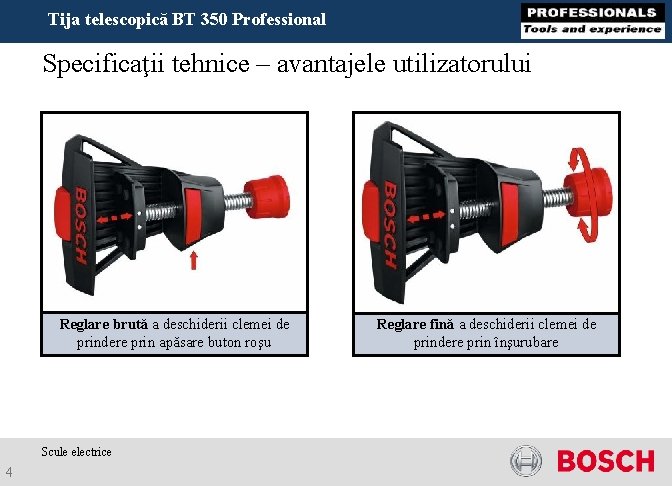 Tija telescopică BT 350 Professional Specificaţii tehnice – avantajele utilizatorului Reglare brută a deschiderii