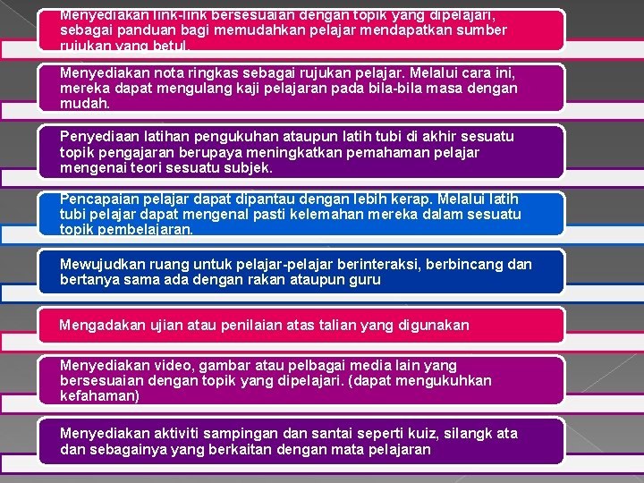 Menyediakan link-link bersesuaian dengan topik yang dipelajari, sebagai panduan bagi memudahkan pelajar mendapatkan sumber