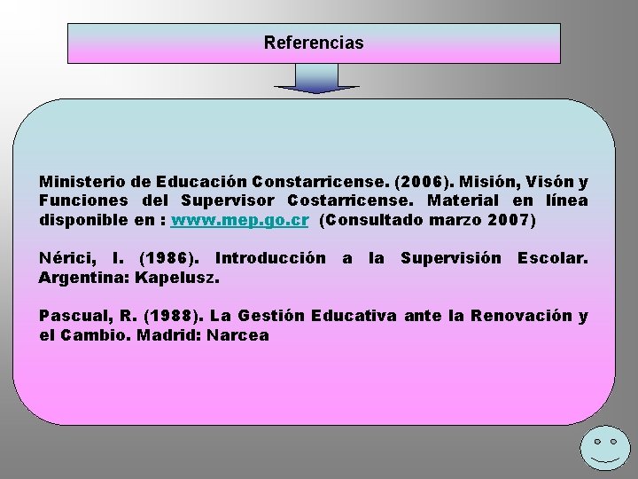 Referencias Ministerio de Educación Constarricense. (2006). Misión, Visón y Funciones del Supervisor Costarricense. Material