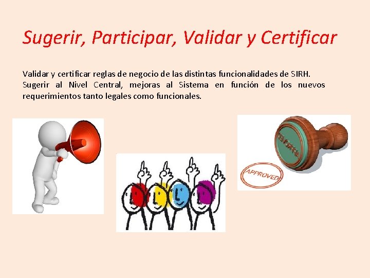 Sugerir, Participar, Validar y Certificar Validar y certificar reglas de negocio de las distintas