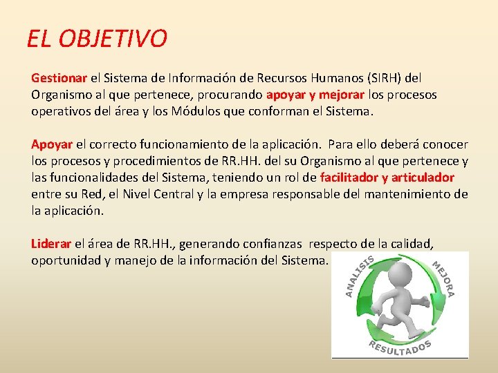 EL OBJETIVO Gestionar el Sistema de Información de Recursos Humanos (SIRH) del Organismo al