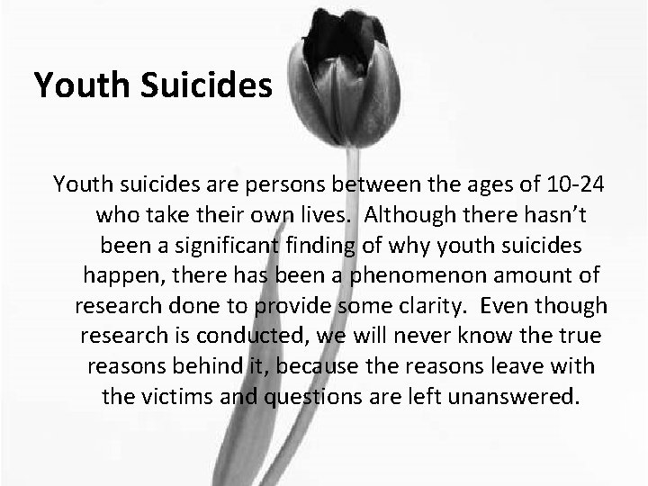 Youth Suicides Youth suicides are persons between the ages of 10 -24 who take