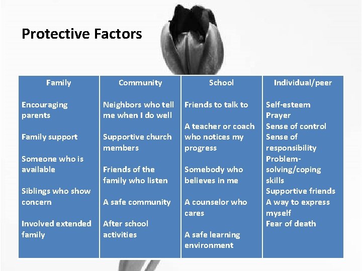 Protective Factors Family Encouraging parents Family support Someone who is available Siblings who show