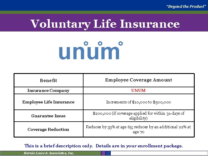 “Beyond the Product” Voluntary Life Insurance un u m Benefit Employee Coverage Amount Insurance