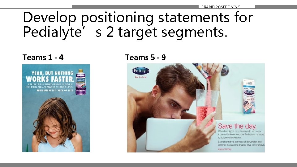 BRAND POSITIONING Develop positioning statements for Pedialyte’s 2 target segments. Teams 1 - 4