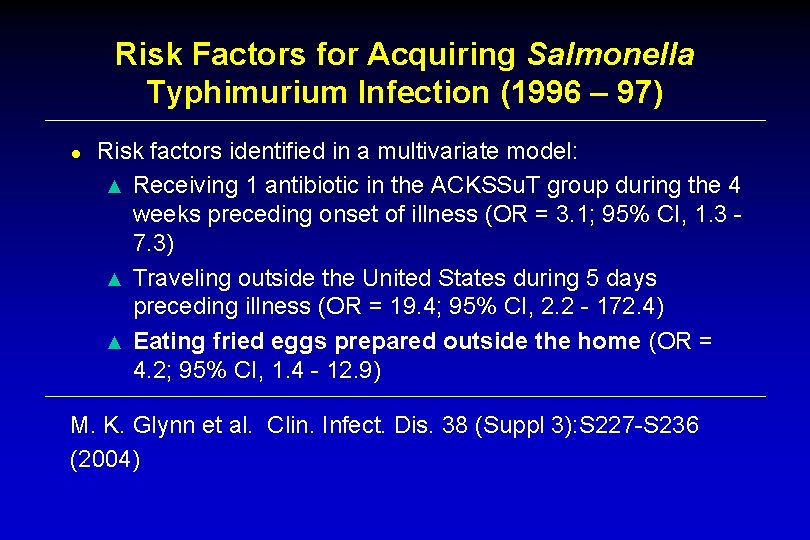 Risk Factors for Acquiring Salmonella Typhimurium Infection (1996 – 97) ● Risk factors identified