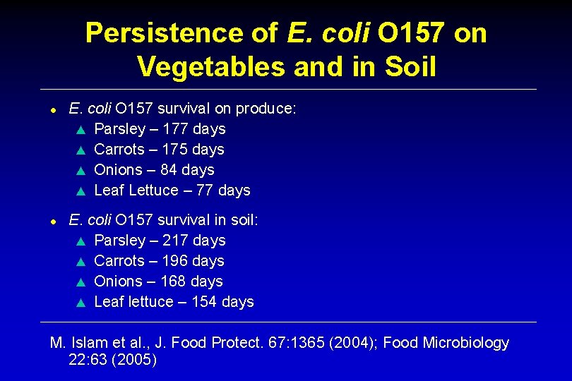 Persistence of E. coli O 157 on Vegetables and in Soil ● E. coli