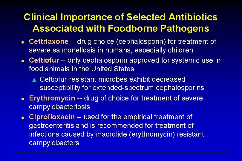 Clinical Importance of Selected Antibiotics Associated with Foodborne Pathogens ● ● Ceftriaxone -- drug