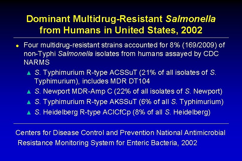 Dominant Multidrug-Resistant Salmonella from Humans in United States, 2002 ● Four multidrug-resistant strains accounted