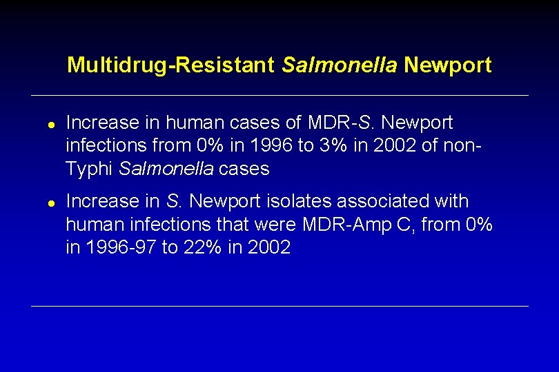 Multidrug-Resistant Salmonella Newport ● Increase in human cases of MDR-S. Newport infections from 0%