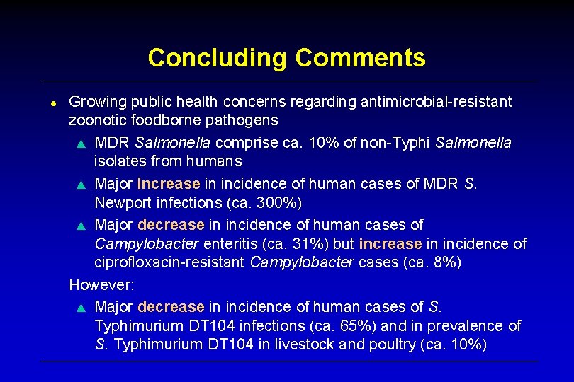 Concluding Comments ● Growing public health concerns regarding antimicrobial-resistant zoonotic foodborne pathogens ▲ MDR